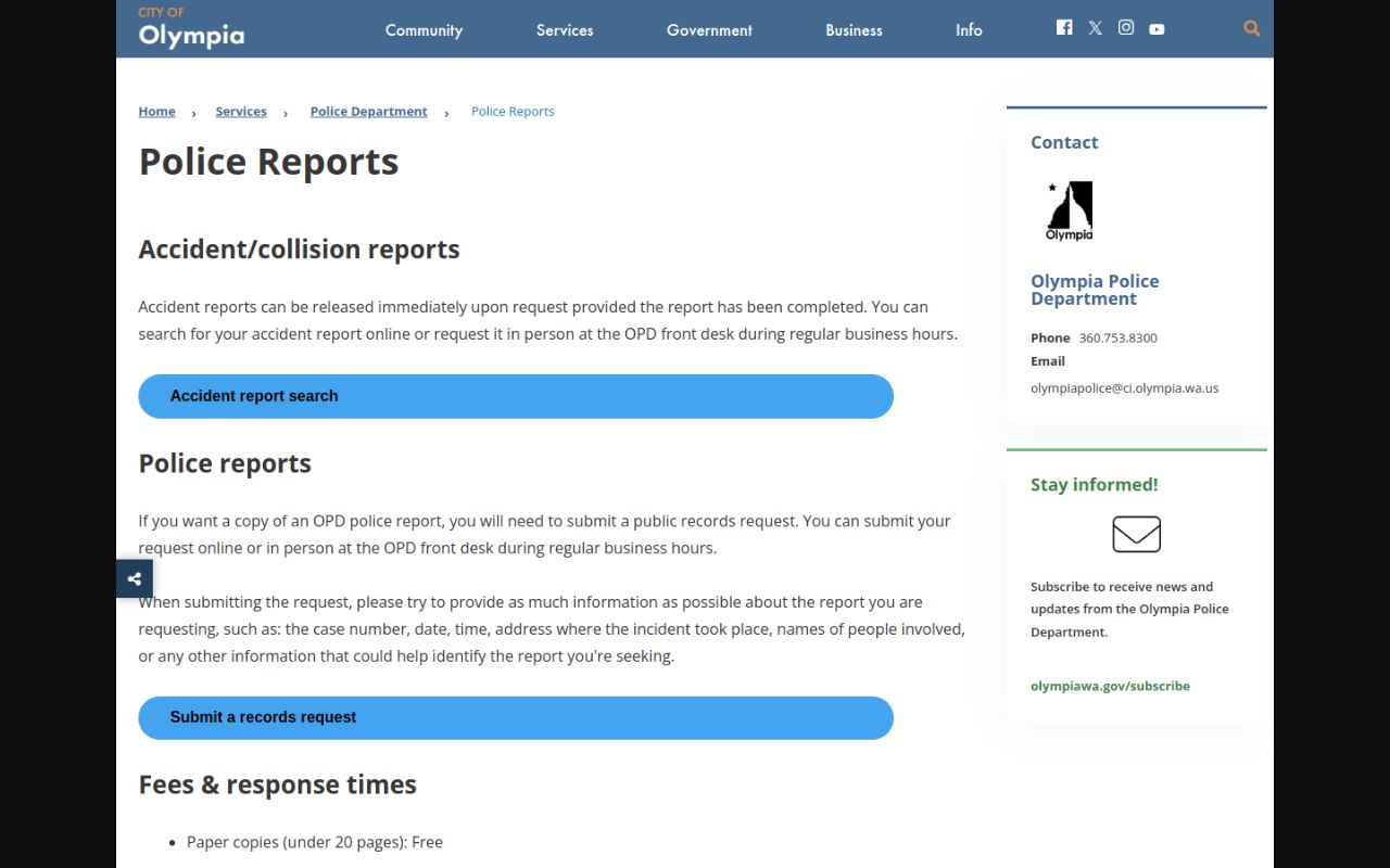 Olympia Phone Directory - Police Reports request page