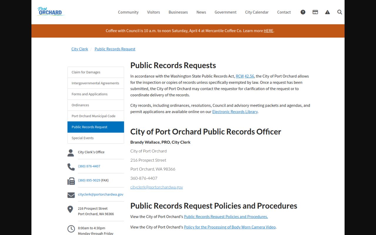 Port Orchard Phone Directory - Public Records Request page