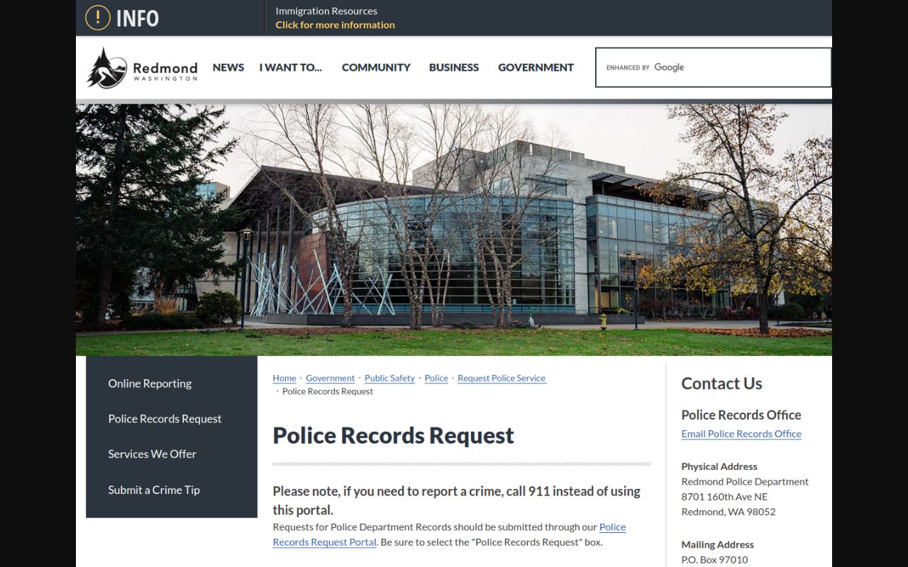 Redmond Phone Directory - Police Records Request page