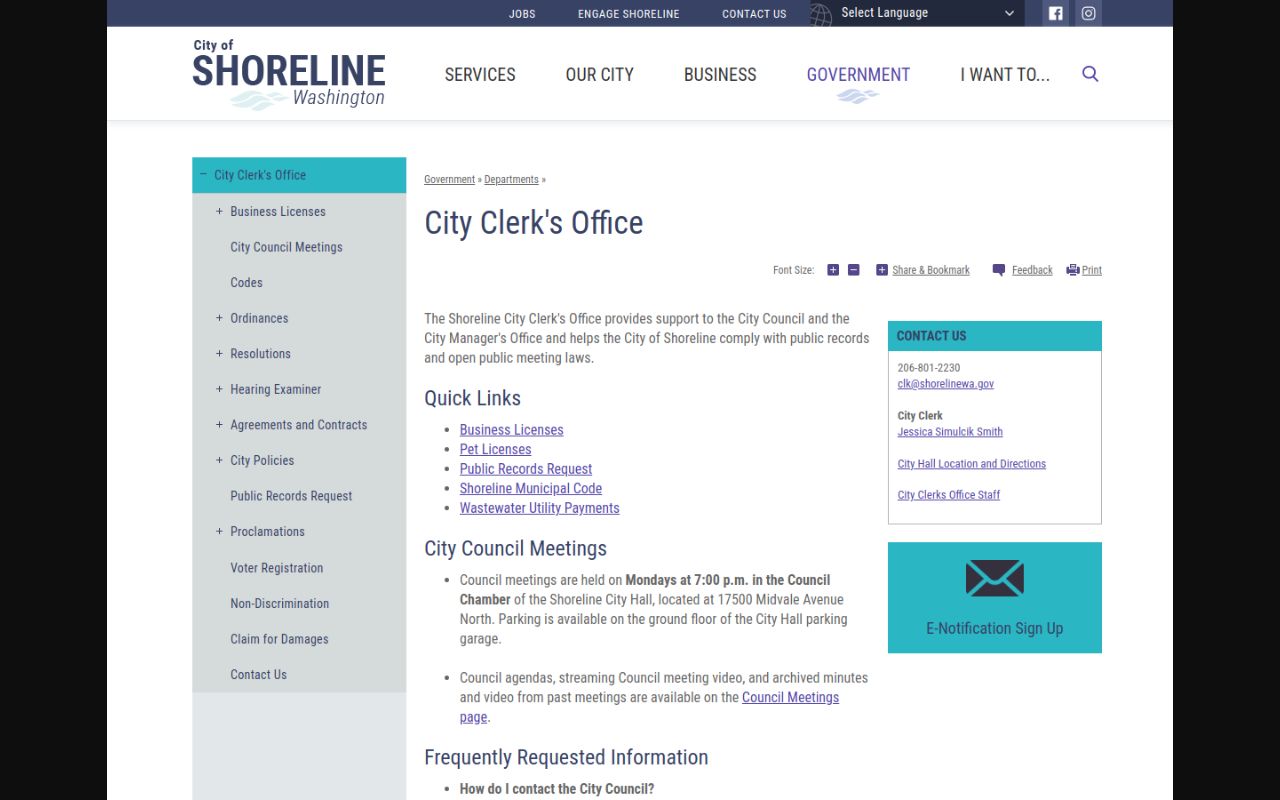 Shoreline Phone Directory - Shoreline City Clerk