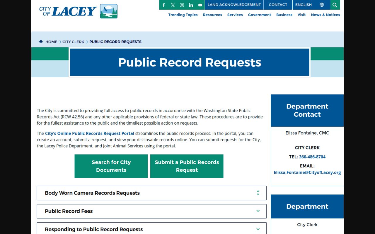 Lacey Phone Directory - Lacey public records request portal