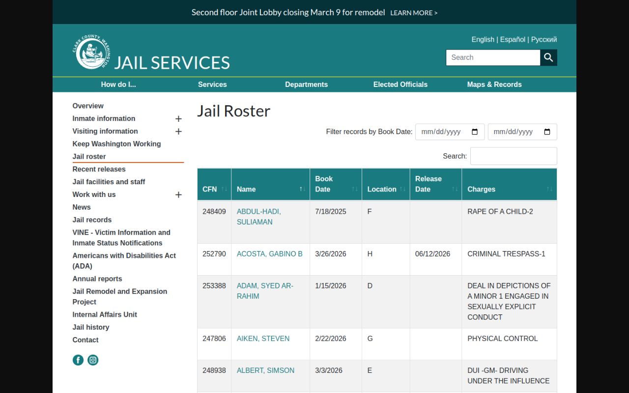 Clark County Phone Directory jail roster listing