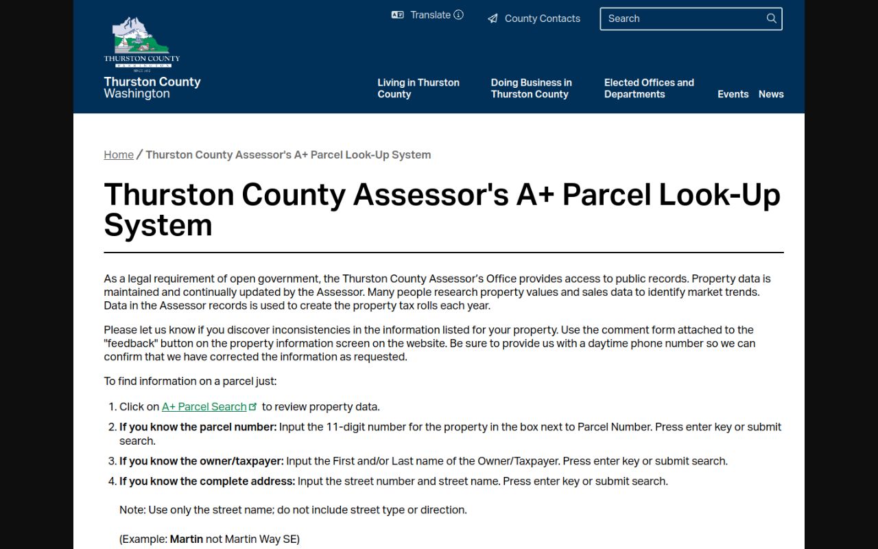 Thurston County Phone Directory assessor parcel look-up system