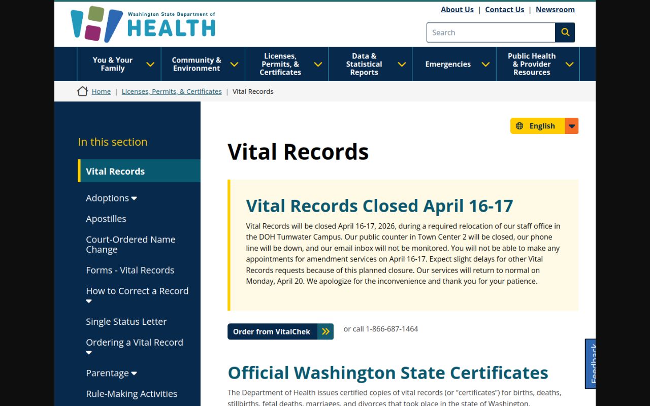 Washington Phone Directory DOH vital records